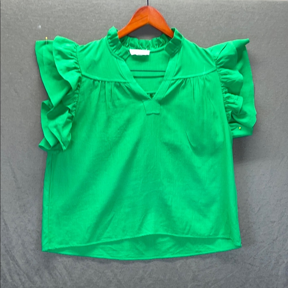 THML RAYON Green Flutter Sleeve Mandarin Collar Blouse